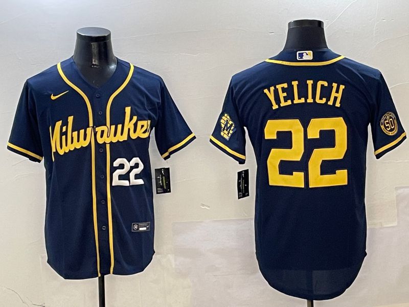 Men Milwaukee Brewers #22 Yelich Drak Blue Game 2025 Nike MLB Jersey style 03093